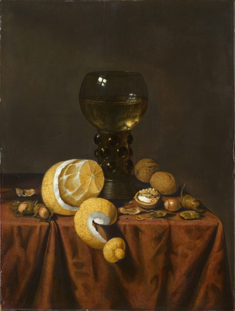 Edwaert Collier, Still life with a roemer, lemon, hazelnuts on a table