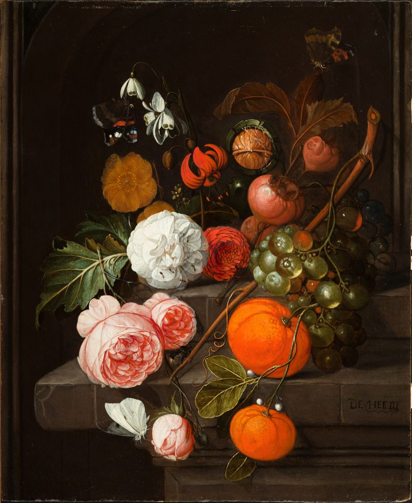 Roses, Lilies, Grapes, Oranges and Horse Chestnut on a Stone Ledge with Butterflies, Ants and a Bee, David Cornelisz DE HEEM