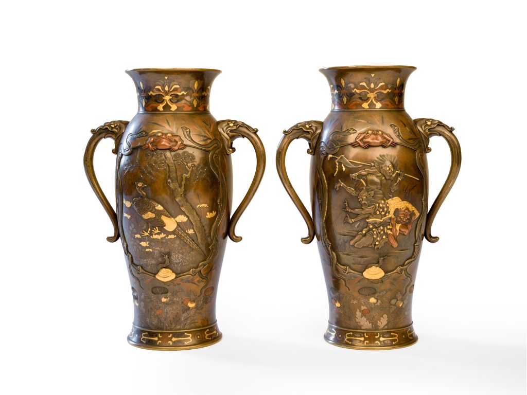 Pair of Miyao-Style Vases with Shoki and Oni, Japanese Master